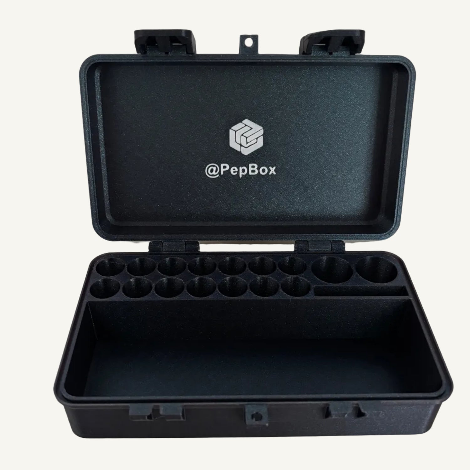 Black 'PepBox' storage case on a white background