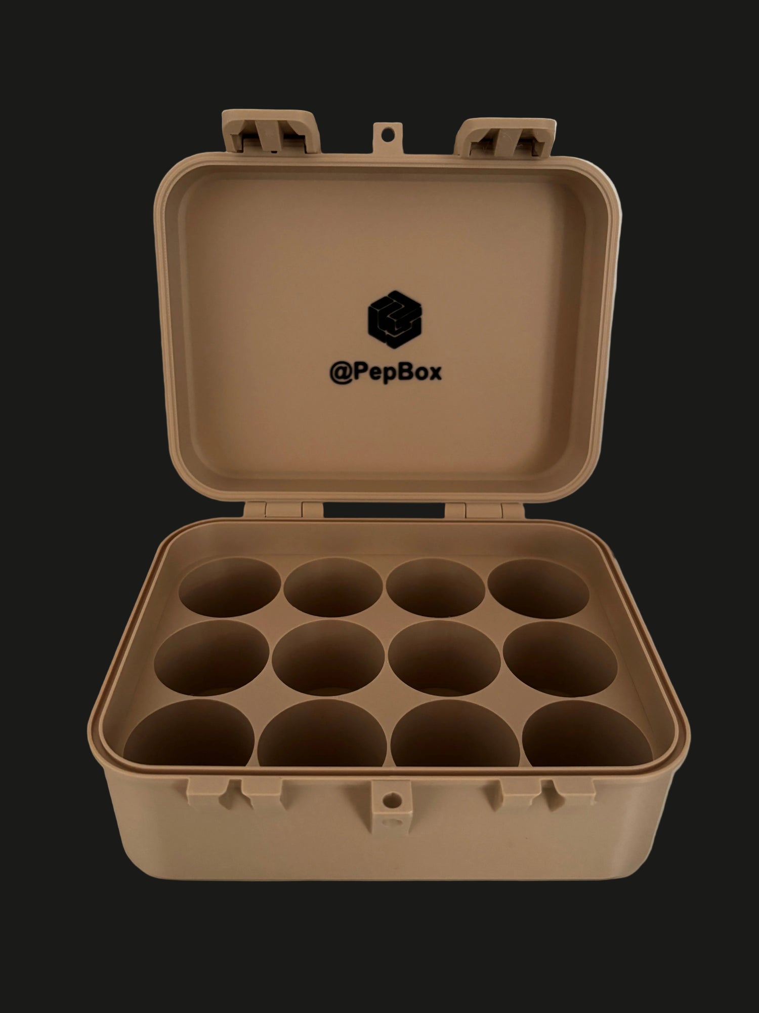 Brown egg carton with 12 compartments on a white background